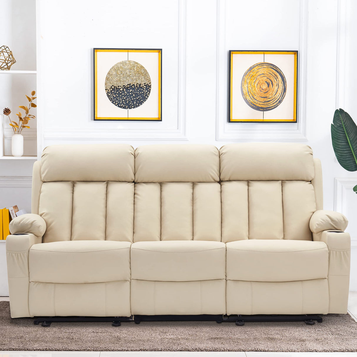 MCombo Power Reclining Sofa with Heat and Vibration,USB Ports, Cup Holders,3-Seat Dual Recliner Sofa for Living Room 6077(Cream White, Reclining Sofa) MCombo
