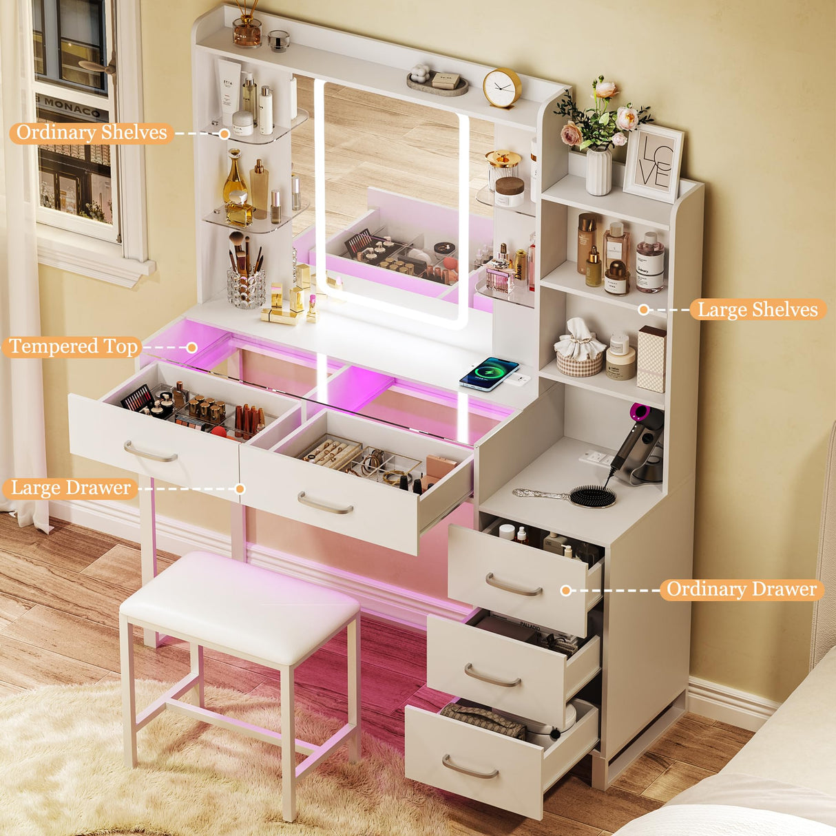HUAHUU Vanity Desk with Mirror and LED Lights, 57.5" Makeup Vanity with Glass Top & Wireless Charging, Vanity with RGB Drawers, 3 Colors Light, Power Outlet Safety Switch for Bedroom, White HUAHUU