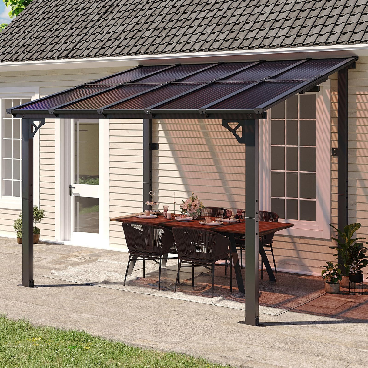 Aoxun 10’x 10’ Gazebo, Wall Mounted Gazebos Pergola, Outdoor Patio, Gazebo Awnings with Sloped Roof, for Backyard, Porch, Deck Aoxun