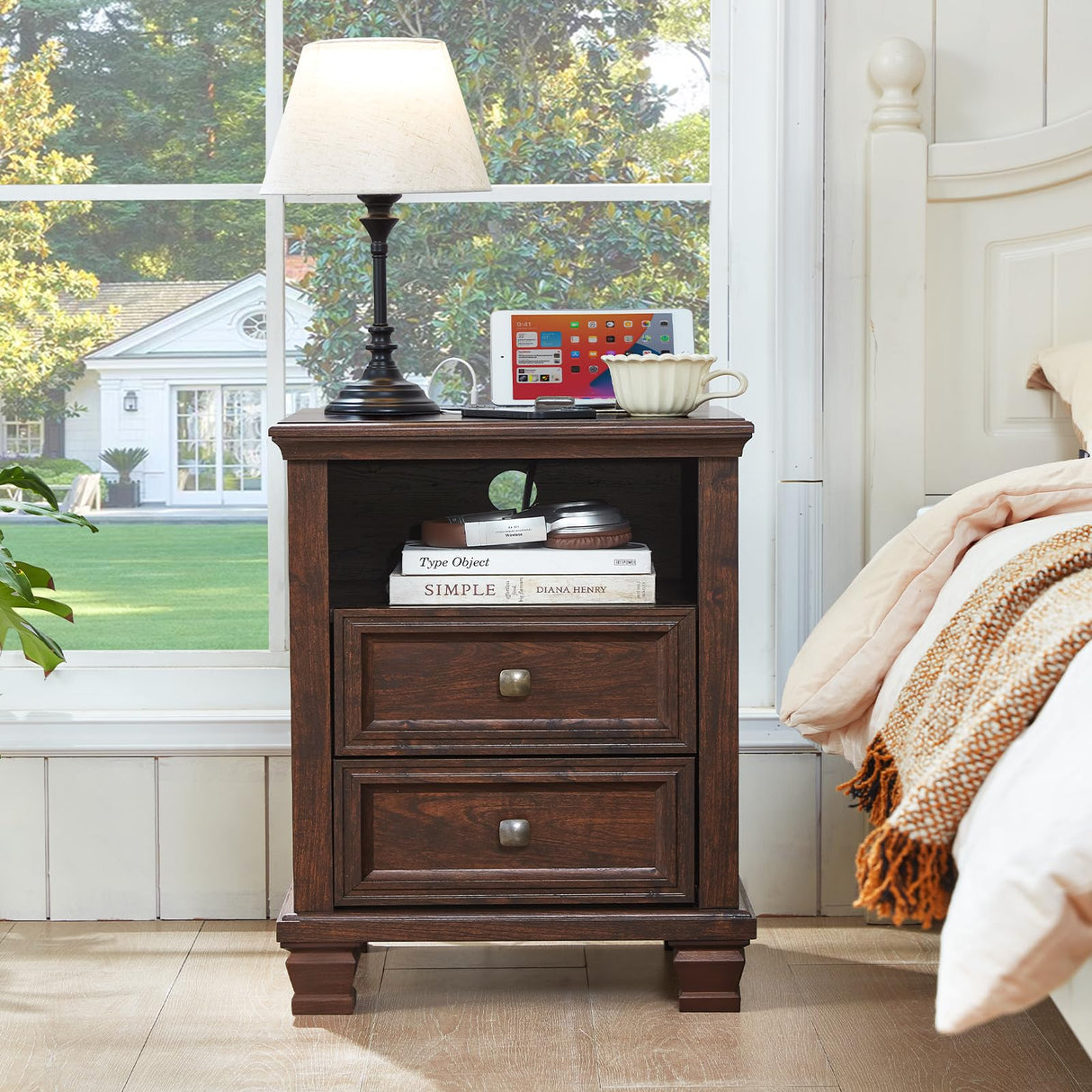 SAVOR LIFE Farmhouse Nightstand with Charging Station, Rustic Brown Nightstand,2 Drawers End Table for Living Room,Bedside Table with Open Shelf for Bed Room,Walnut SAVOR LIFE