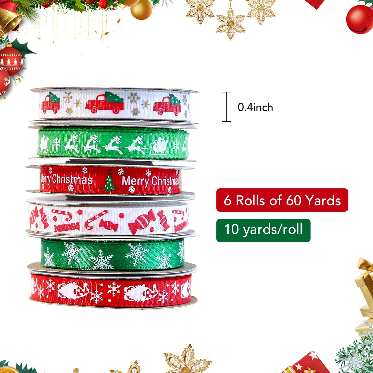 60 Yards 3/8" Christmas Ribbon for Crafts, White Red and Green Holiday Grosgrain Ribbon Christmas Ribbon for Gift Wrapping Festival Holiday Party Hair Bow Clips DIY Crafts Decoration (6 Rolls) DHAIQC