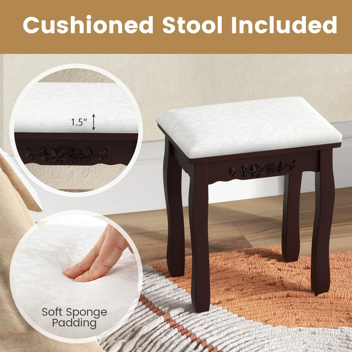 CHARMAID Girls Makeup Vanity Desk with Lights, Vanity Table with Lighted Mirror, 3 Lighting Modes, Adjustable Brightness, Modern Makeup Table with 3 Drawers and Stool for Small Space (Espresso) CHARMAID