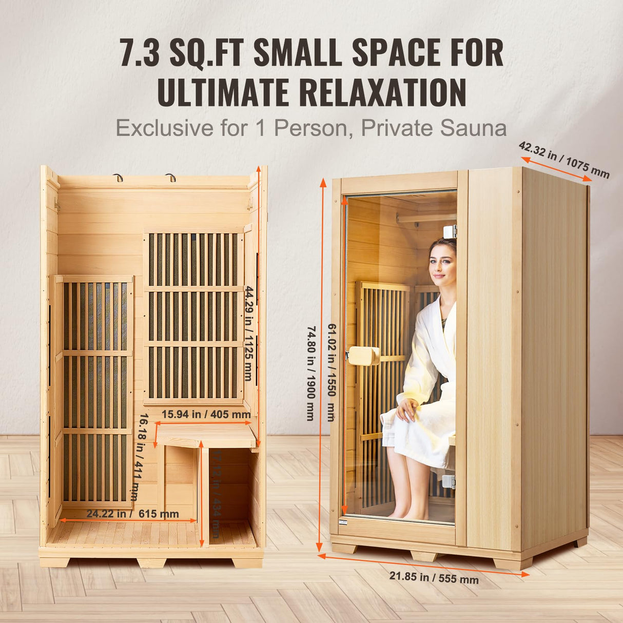 VEVOR Far Infrared Wooden Sauna, Room Home Sauna Spa for One Single Person, Low EMF Far Infrared Hemlock Wood Sauna with Tempered Glass Door & LED Reading Lamp & Bluetooth Speakers, 1140W Indoor Use VEVOR