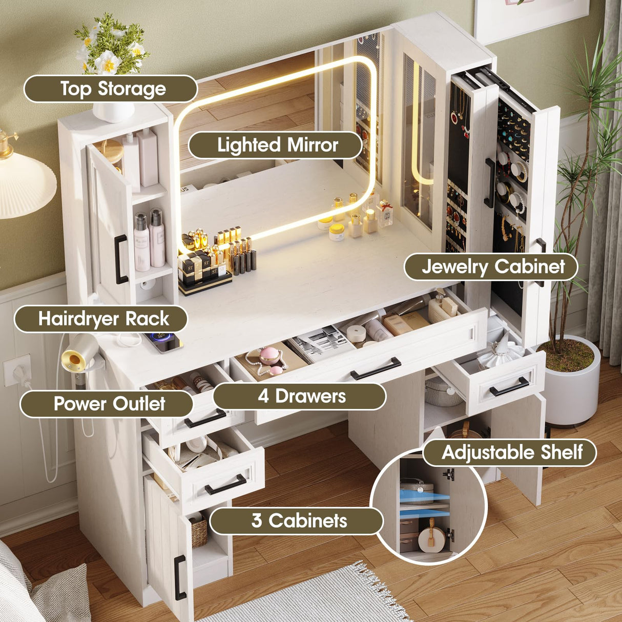 Maupvit Makeup Vanity with Lighted Mirror & Power Strip, Large Vanity Desk with Sliding Jewelry Storage Shelves, 4 Drawers, 3 Cabinets & Hairdryer Rack, 3 Lighting Modes, Bedroom Dressing Table, White Maupvit
