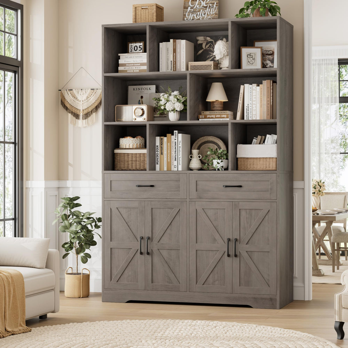 HOSTACK 71" Tall Bookcase with Drawers and Doors, 47" Wide Book Shelf and Bookcase with Storage, 6 Tier Large Book Storage Cabinet with Display Shelves for Living Room, Home Office, Ash Grey HOSTACK