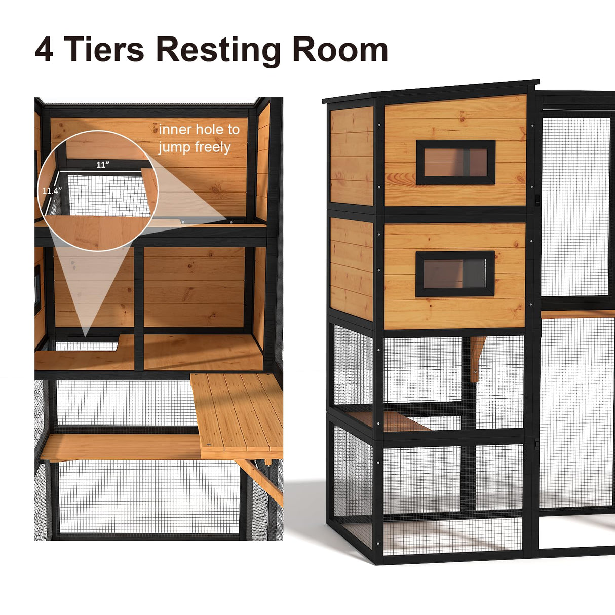 TIMHAKA Catio Outdoor Cat Enclosure, Large 4 Tiers Cat Catio Connect to Window for Outdoor Indoor Cats with Weatherproof Roof, Resting Rooms, Platforms, Large Door, 76" L x 32.9" W x 70.8" H, Black TIMHAKA