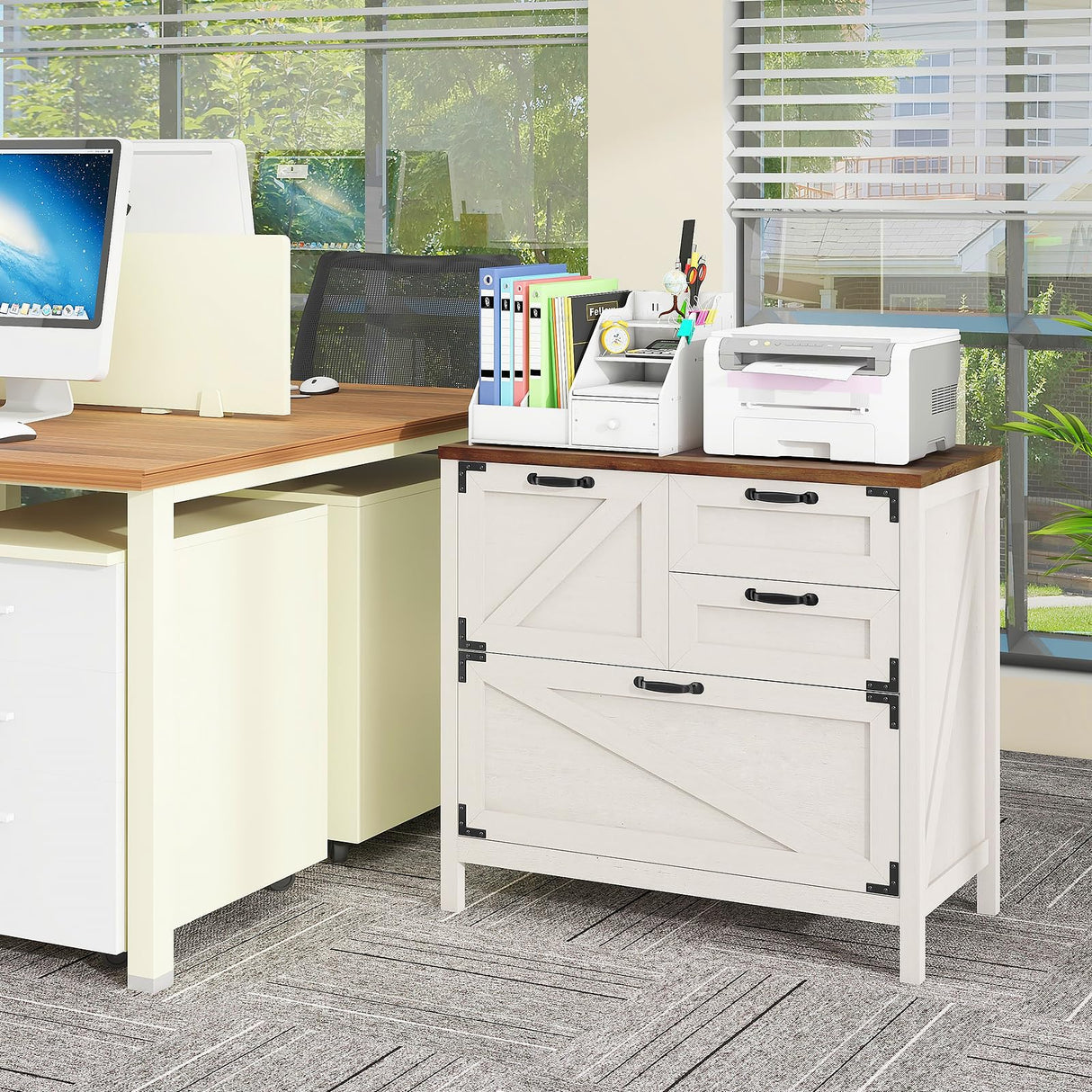 Lateral File Cabinet with 4 Drawers Farmhouse File Cabinet for Letter/Legal/A4 Size Hanging Files, Large Wood File Storage Cabinets Printer Stand for Home Office Cabinet, Rustic White Halitaa
