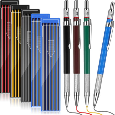 Nezyo 4 Pieces Welder Pencil with 60 Pieces Round Refills Mechanical Pencil Metal Marker Pen for Construction Workers, Metal Work, Welders, Plumbers, Framers (Black, Red, Yellow, Silver)