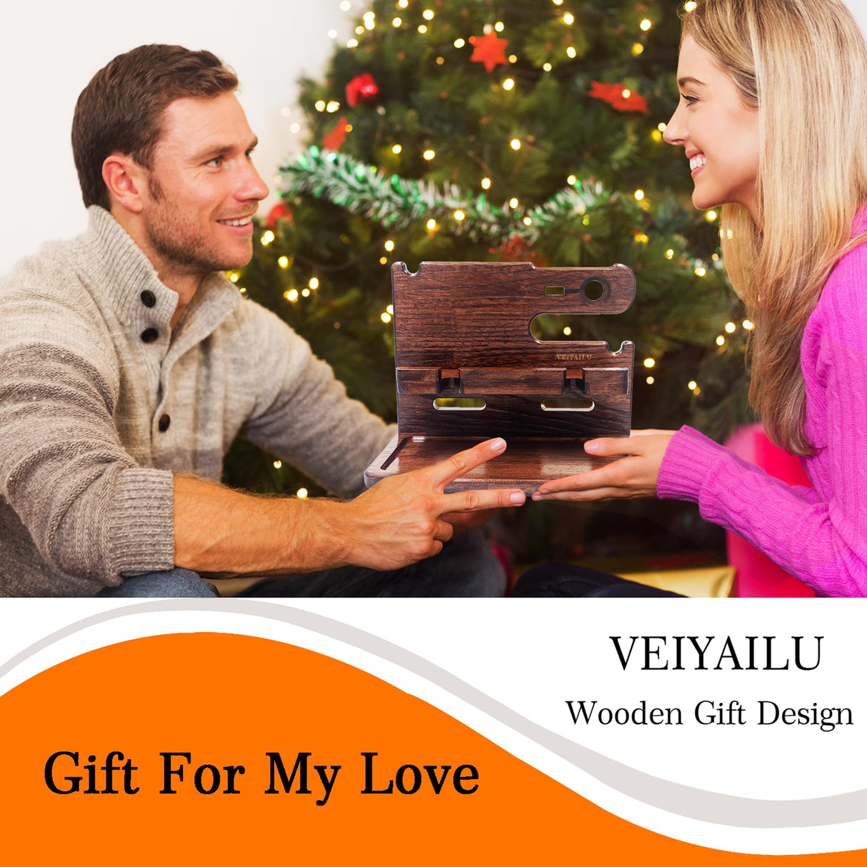 VEIYAILU Gifts for Men Women Dad Husband Boyfriend Wood Phone Docking Station Nightstand Organizer for Men(Dark Brown) VEIYAILU