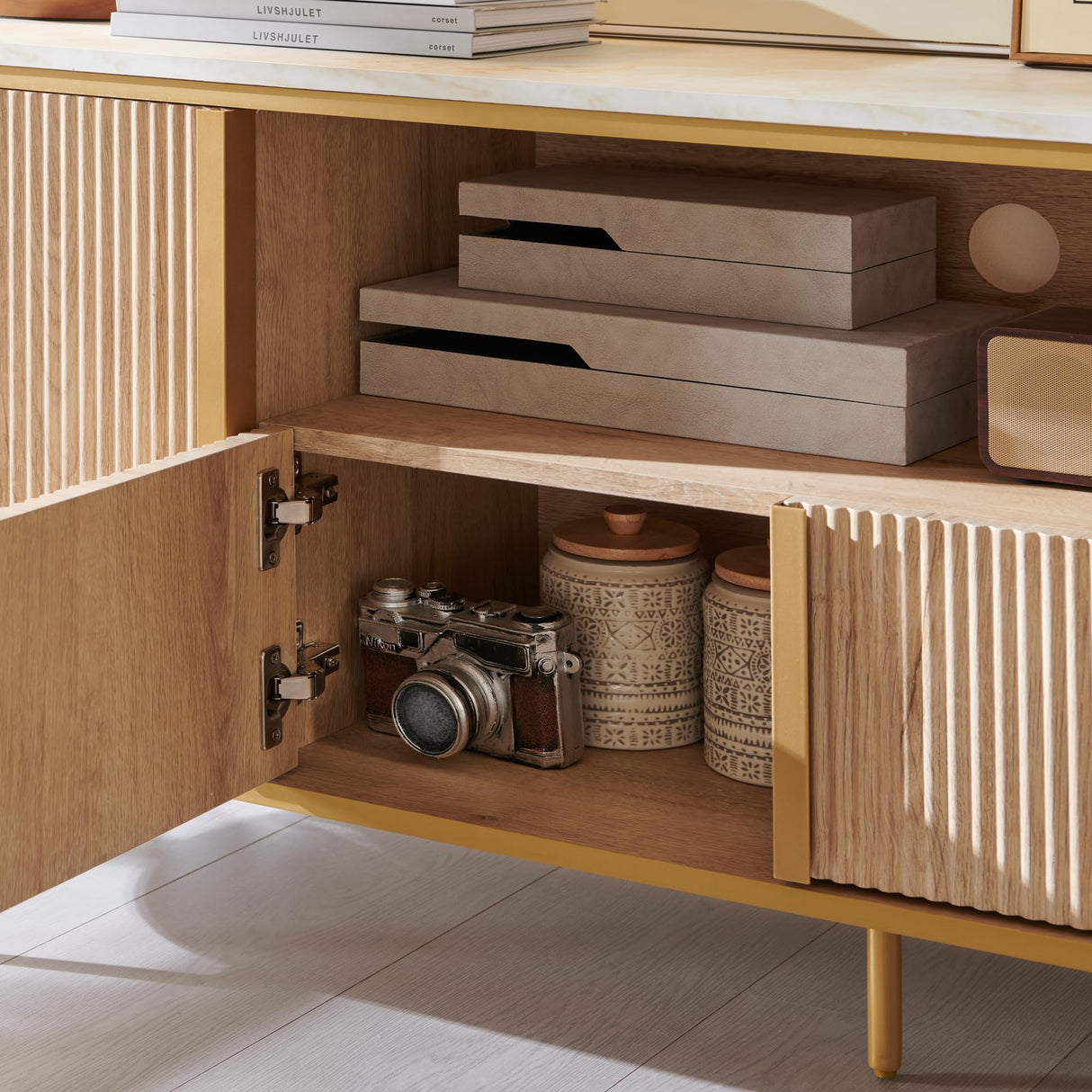 OKD Luxury 70" Fluted TV Stand, Modern Entertainment Center for TVs Up to 80 inches, TV Console with Faux Marble Top, Curved Profile Design, Media Console for Living Room, Natural Oak OKD