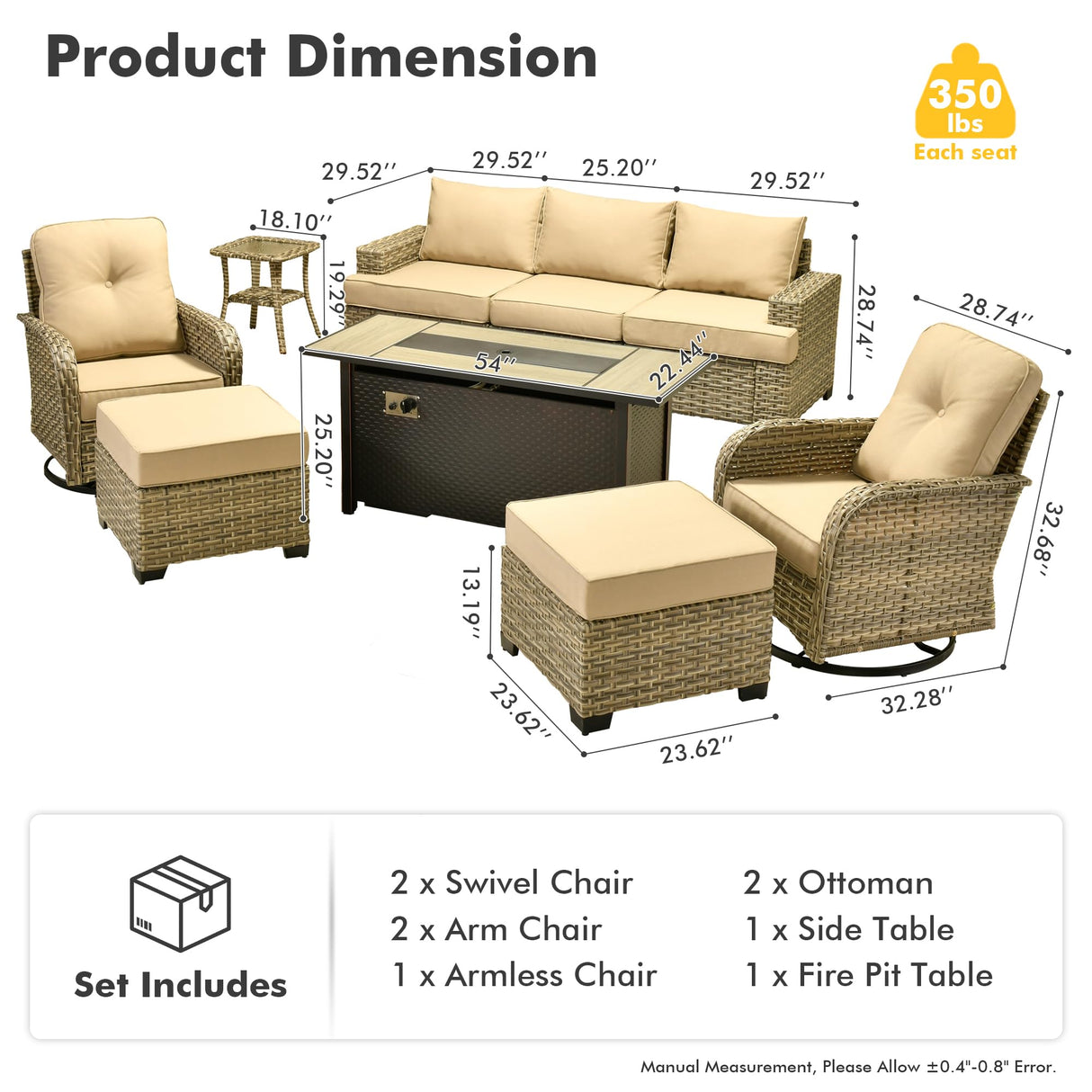 HOOOWOOO Outdoor Sectional Patio Furniture Set with Fire Pit Table,9 Pieces Wicker Conversation Sets,Extra Deep Out Door Sofa Outside Furniture Couch Swivel Chairs Ottoman,Beige HOOOWOOO