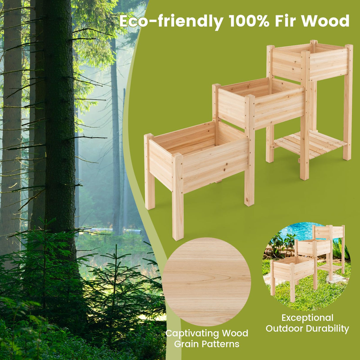 HAPPYGRILL 3-Tire Raised Garden Bed, Wooden Raised Planter Box with 3 Planter Boxes, Drainage Holes, Open Storage Shelf, Outdoor Garden Bed with Legs for Plant, Fruit, Vegetable, Flower, Herb HAPPYGRILL