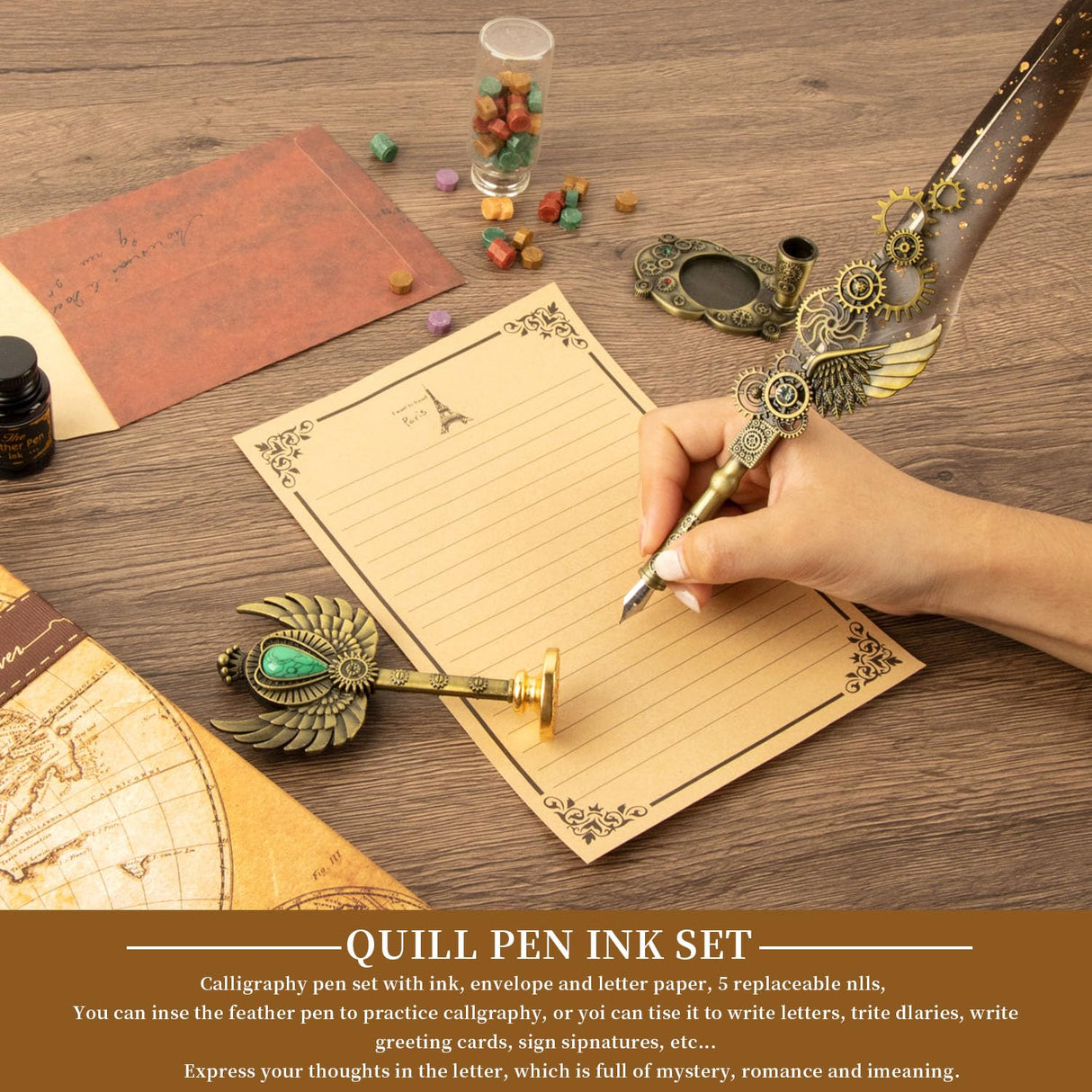 LongLongJin Quill Pen Ink Set with Seal Stamp - Feather Calligraphy Pen and Ink Set, Wax Seal Stamp Kit, Calligraphy Copybook,Beginner Calligraphy Quill Pen Lovers of All Ages Selection Gift (Grey) LongLongJin