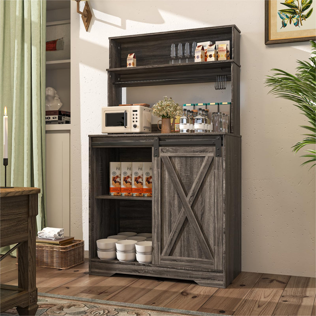 Linkriseed Farmhouse Coffee Bar Cabinet with LED Light, 55 Inch Bakers Rack with Storage, Large Coffee Bar Hutch with 6 Hooks and Sliding Barn Door for Living Dining Room, Dark Gray Linkriseed
