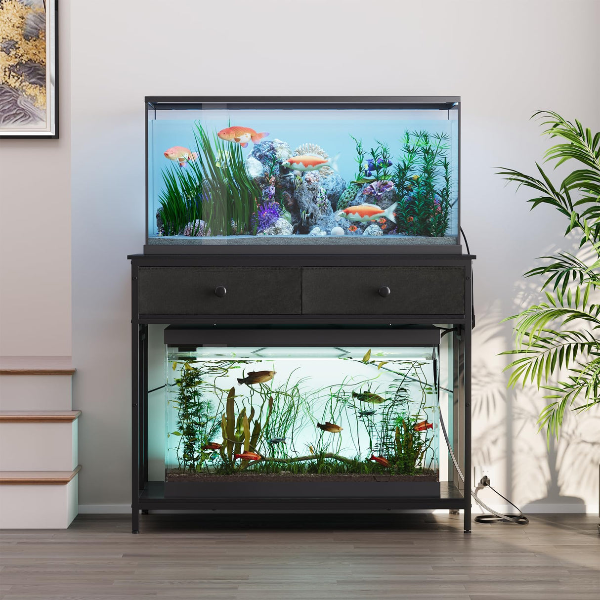 VOWNER 40 Gallon Aquarium Stand with Power Outlet, Metal Frame Fish Tank Stand with Cabinet Storage, Double Turtle Reptile Terrariums Tank Stand, 39.4" L*18.9" W Tabletop, 660LBS Capacity, Black VOWNER