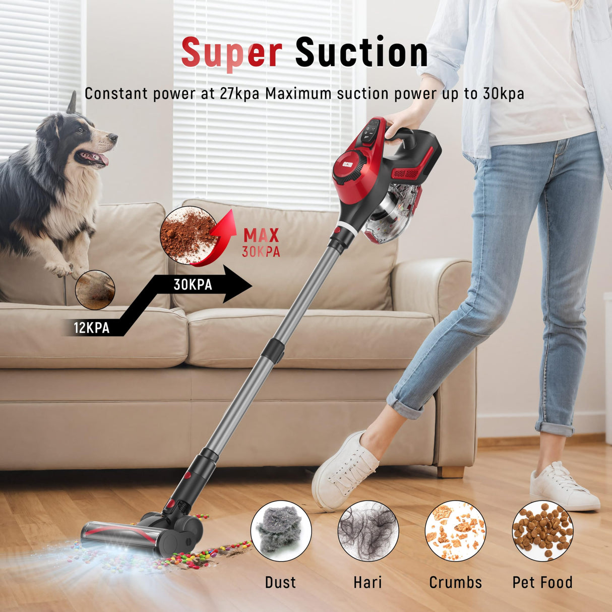 Cordless Vacuum Cleaner, 30Kpa Home Stick Vacuum, Smart Display & 1.5L Dust Cup, 55mins Max Runtime, Rechargeable Lightweight Handheld Vavuum for Pet Hair/Carpet/Hardwood Floor/Car Curvymoontech