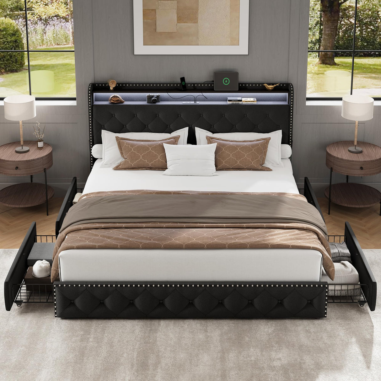 LARMACE King Size Bed Frame with LED Lights & USB Charging Station, Velvet Upholstered Platform Bed with Storage Headboard and 4 Drawers, No Box Spring Needed, Easy Assembly (Black, King) LARMACE