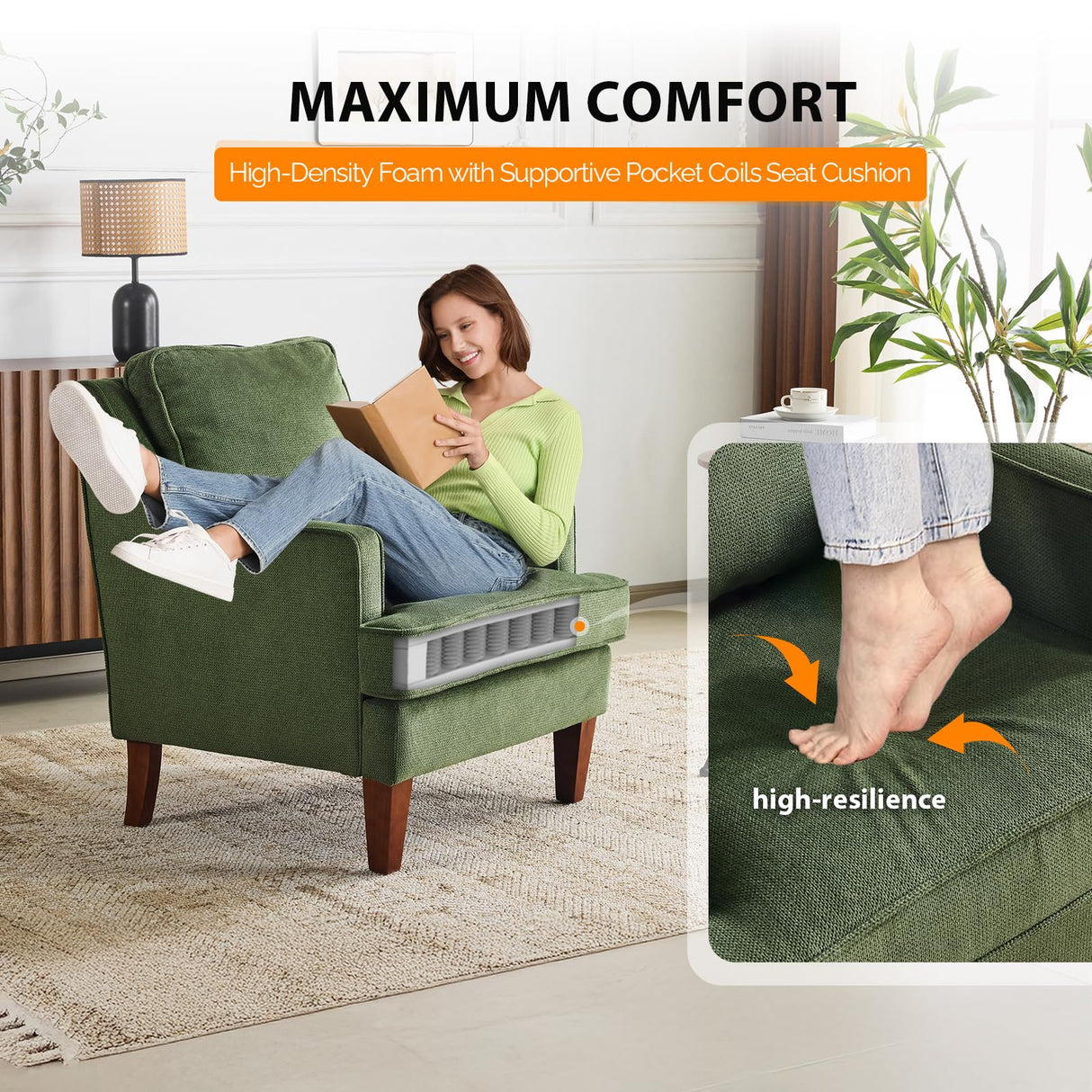 VINGLI Mid-Century Accent Chairs Set of 2, Green Upholstered Armchair Comfy Sofa Chairs Reading Chair High Back Living Room Bedroom Furniture for Apartment VINGLI