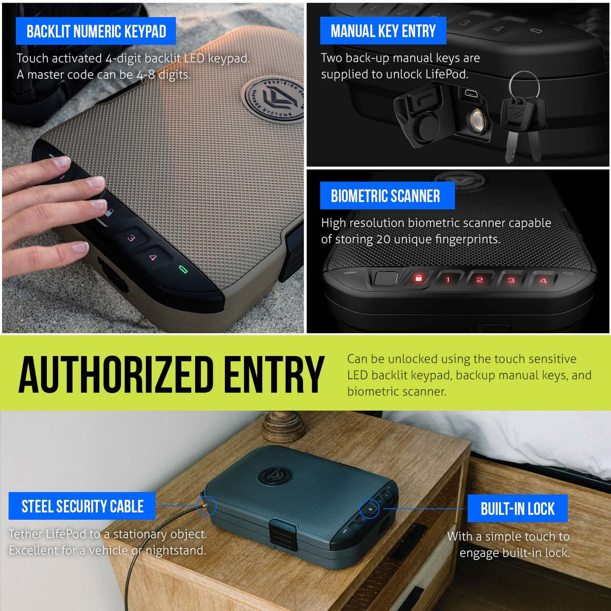 VAULTEK LifePod 2.0 Secure Waterproof Travel Case Rugged Electronic Lock Box Travel Organizer Portable Handgun Case with Backlit Keypad (Covert Black) (Biometric) VAULTEK