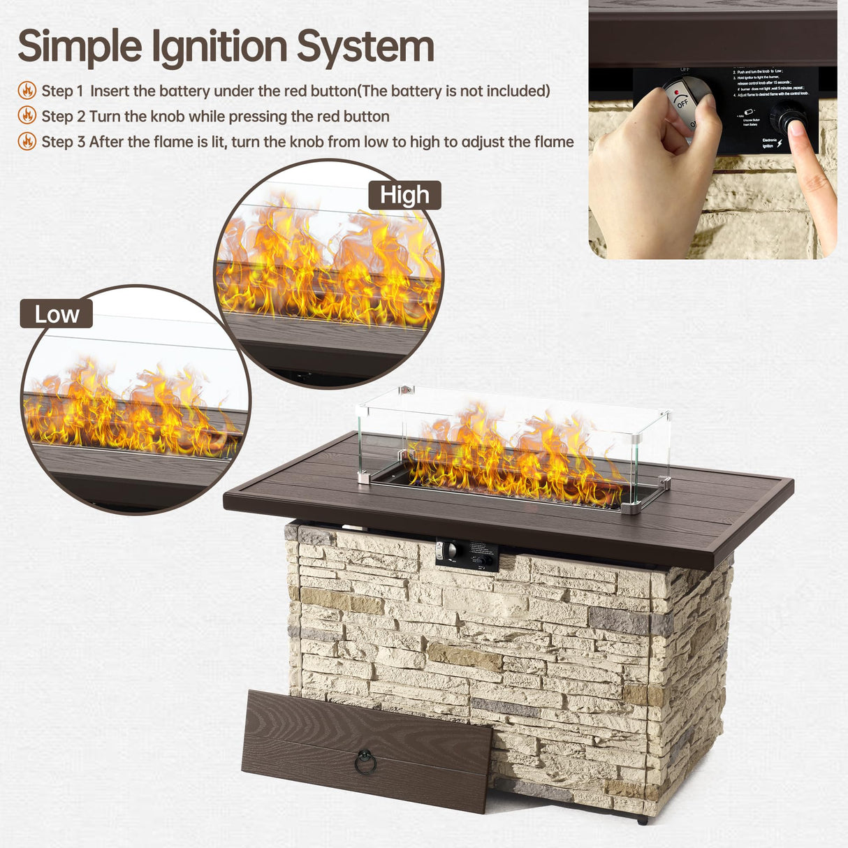 PIZZELLO Outdoor 43 Inch Outdoor Fire Pit Table, 50,000 BTU Rectangle Propane Fire Pit with Glass Wind Guard, Rain Cover, Removable Lid, Matching with Outdoor Furniture Sets, CSA Certified (Buff) PIZZELLO