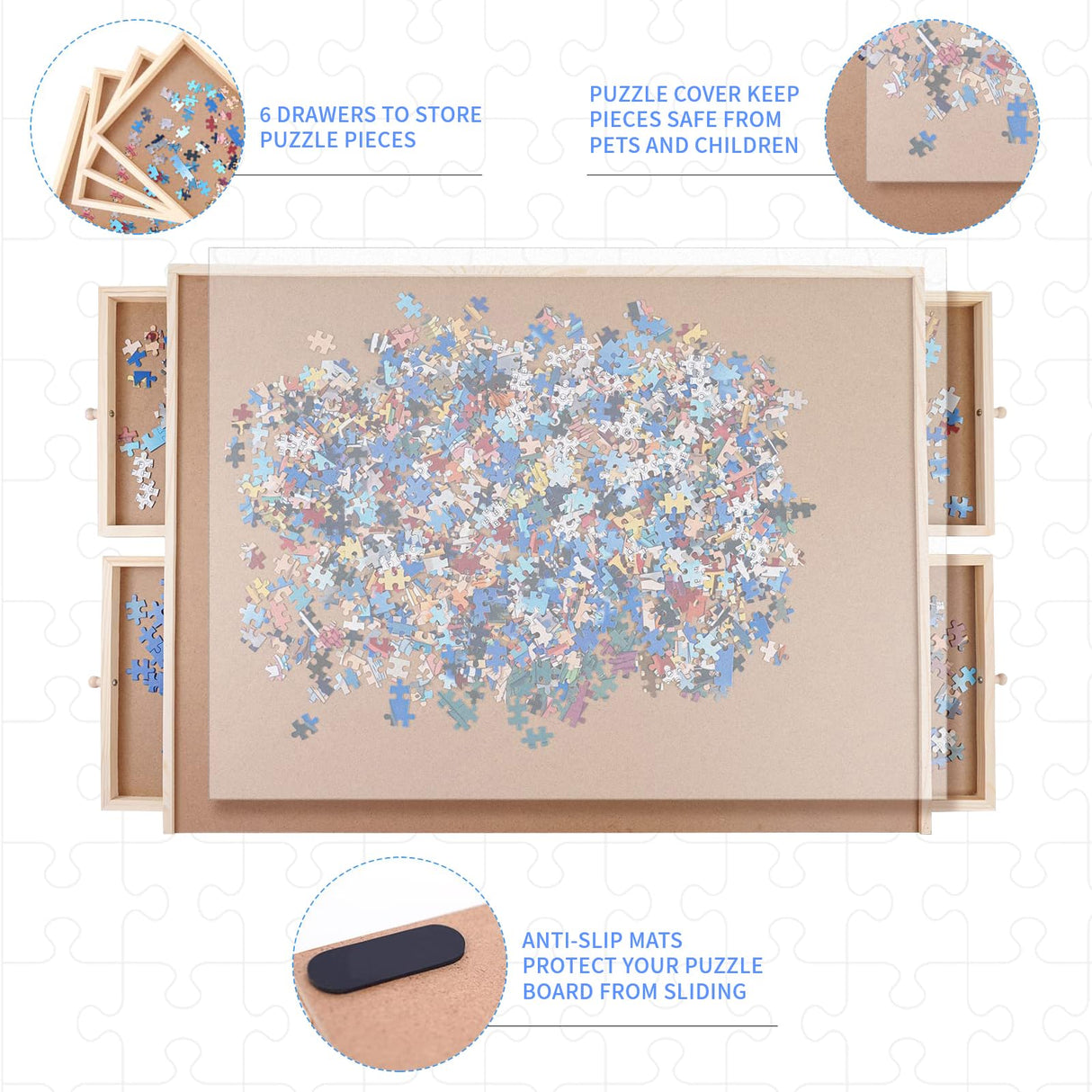 Puzzle Board, WOOD CITY 1500 Piece Wooden Jigsaw Puzzle Board with Drawers, 35” x 27” Portable Puzzle Table with Covers, Rotating Jigsaw Puzzle Table for Kids and Adults WOOD CITY