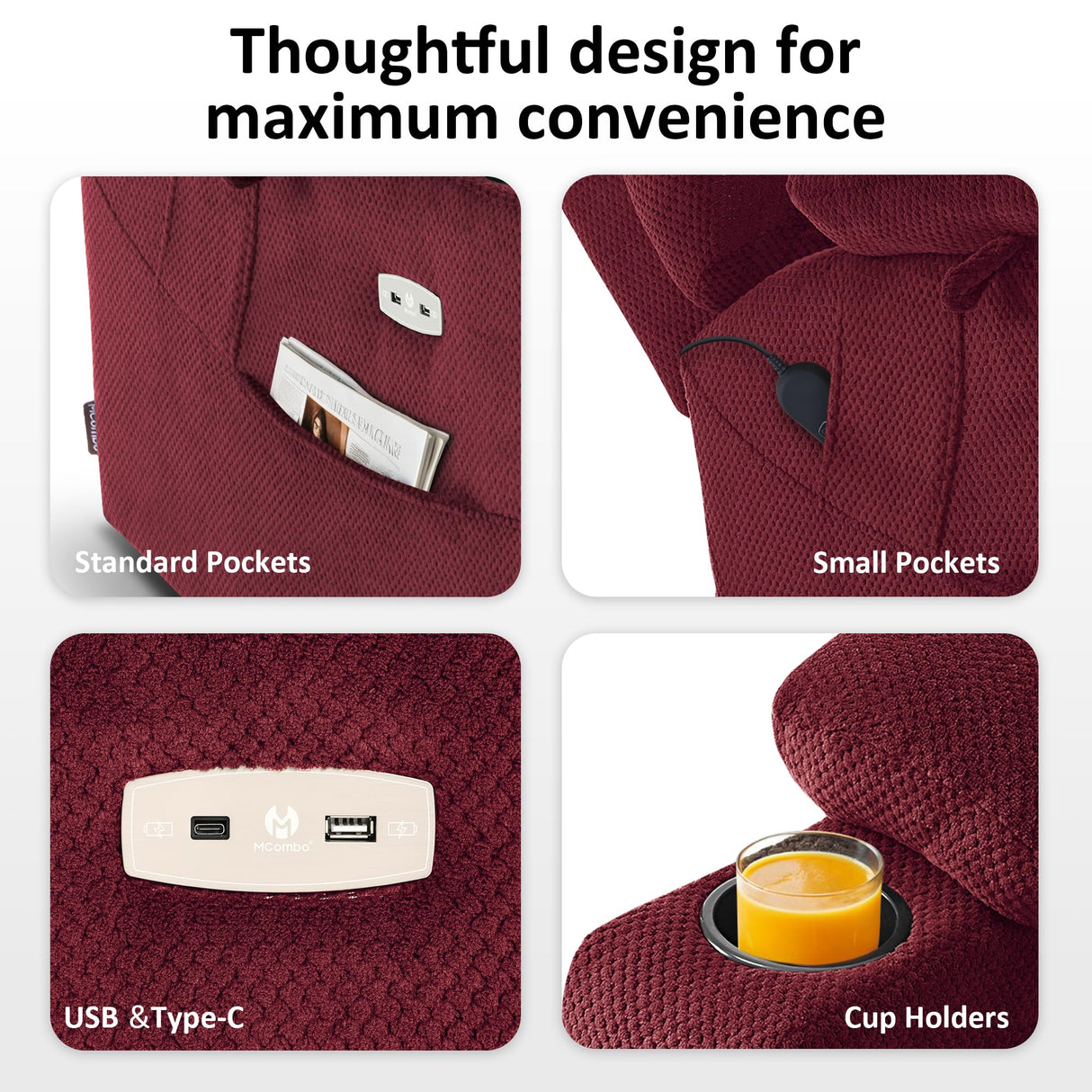 MCombo Large Triple Motor Power Lift Recliner Chair with Massage and Dual Heating, Adjustable Headrest for Tall Elderly People, Fabric 7634 (Burgundy, Large) MCombo