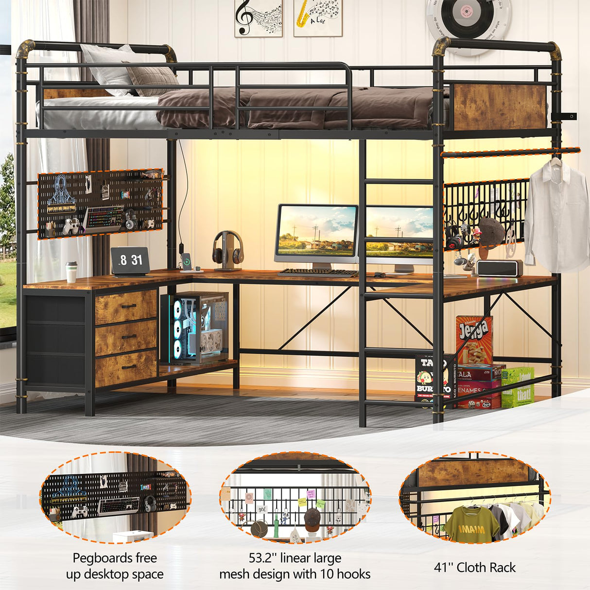 Full Size Loft Bed with U-Shaped Desk, Industrial Heavy Duty Full Loft Bed Frame with Pegboard & Mesh Shelf, RGB Lights, Bunk Loft Beds with Power Outlet, 3 Storage Drawers, Safety Guard & Ladder CSZZD