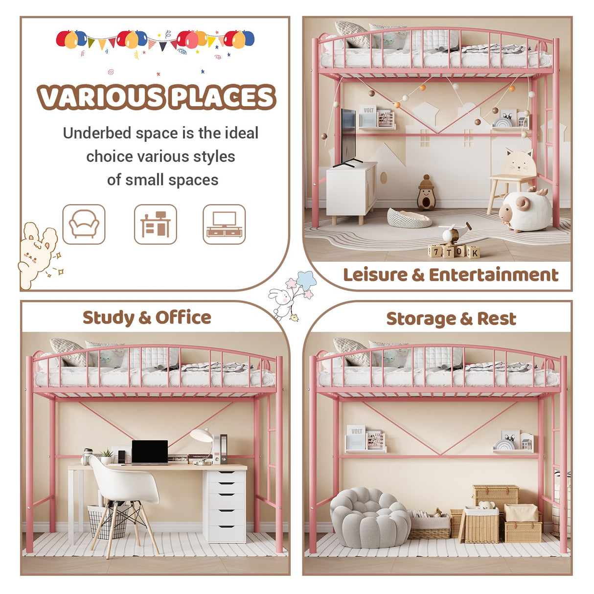 GarveeHome Loft Bed Twin Size, Heavy Duty Metal Loft Bed Frame with Arched Guardrail and Safety Ladder, Space-Saving, No Box Spring Needed, Modern Pink GarveeHome