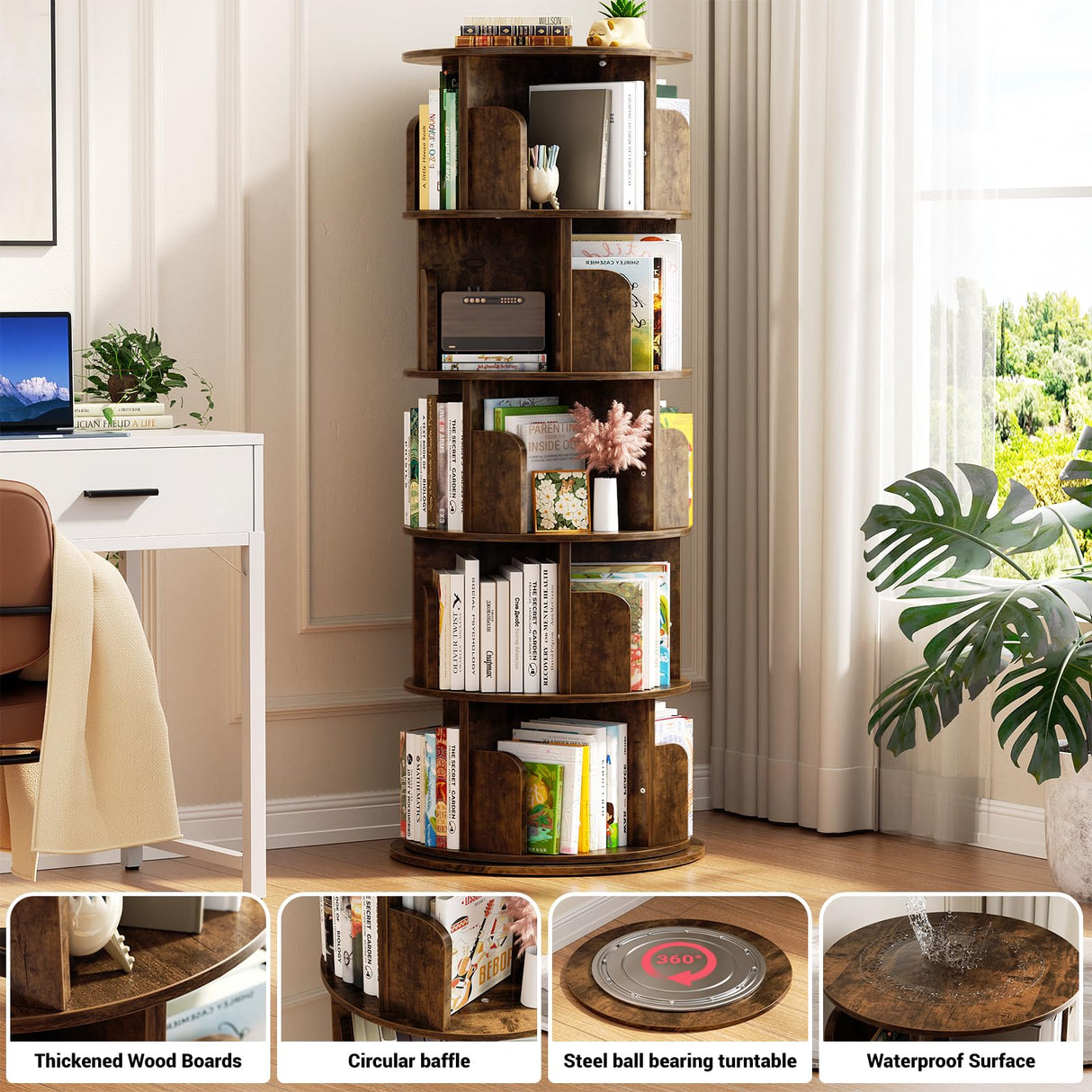 Stylish 360° Rotating 5-Tier Bookshelf in Rustic Brown for Space-Saving Storage Aheaplus