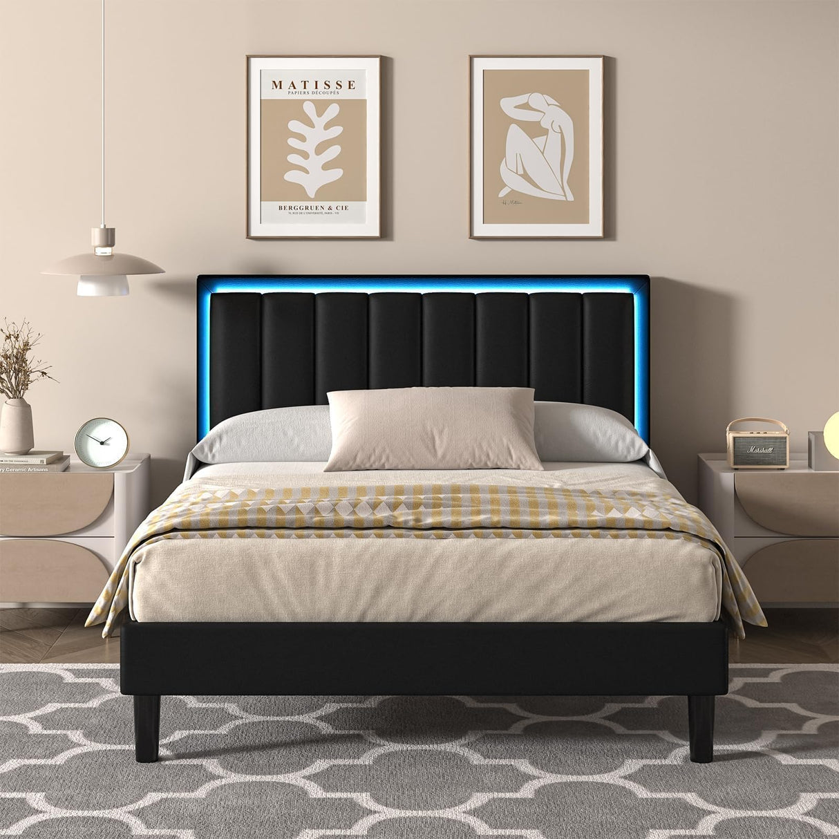 IMMERSTABLE Full Size Bed Frame with LED Lights, Full Bed Frame, Upholstered Bed Frame Full with Headboard, Heavy Duty Wood and Metal Slats Support, Noise-Free, No Box Spring Needed, Easy Assembly IMMERSTABLE