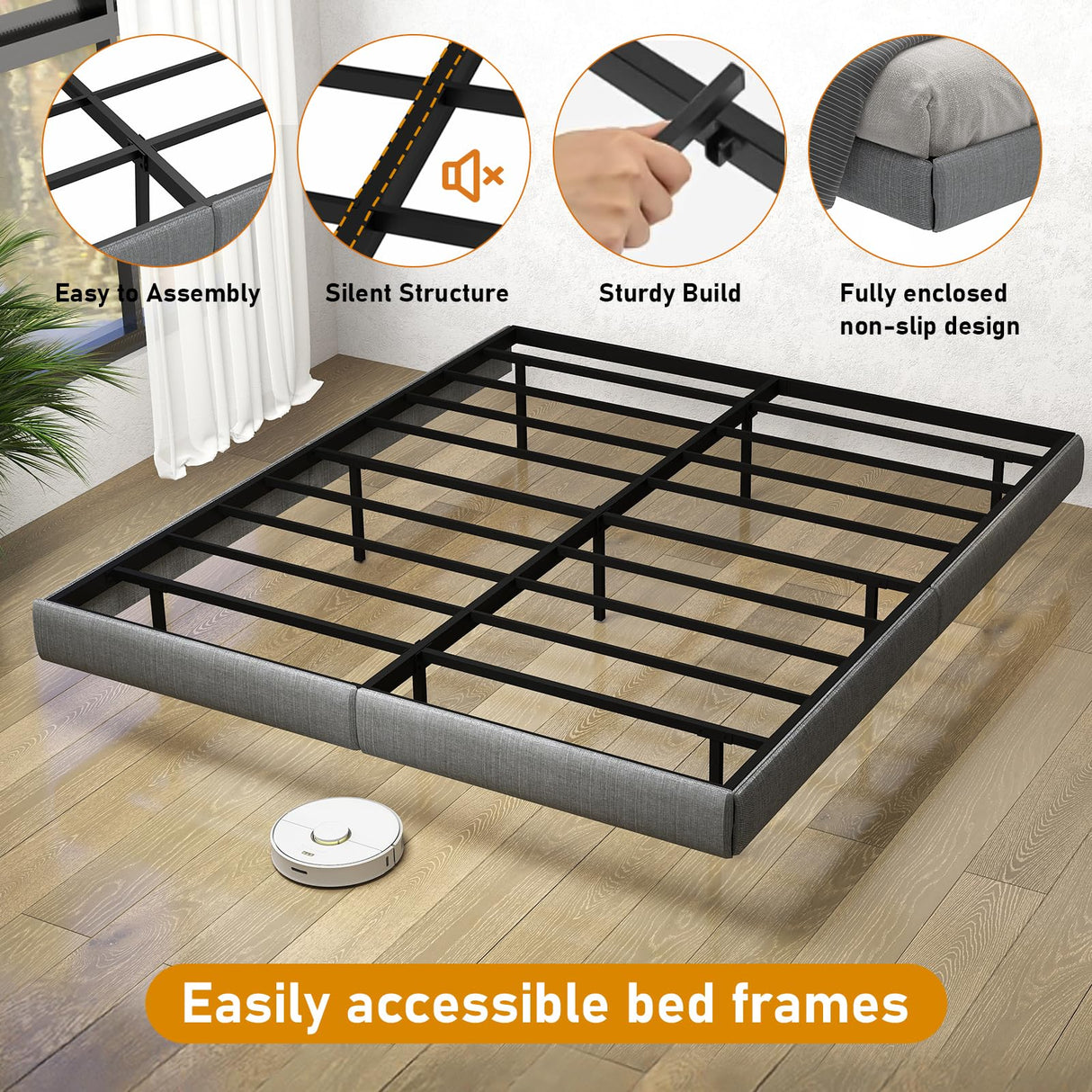 RVONOW King Size Floating Bed Frame with LED Lights and Under Bed Storage - Metal Platform Design, Noise-Free Assembly RVONOW