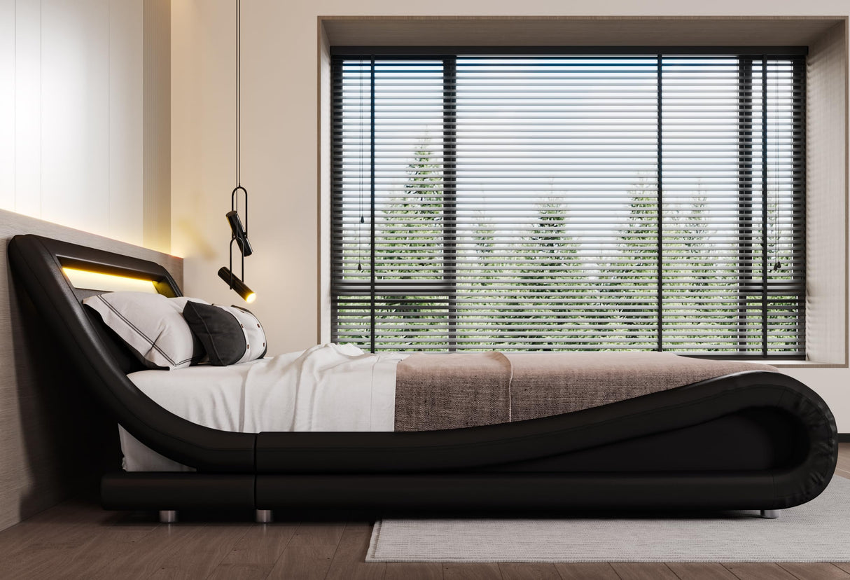 Deluxe Black Upholstered LED King Bed Frame with Adjustable Headboard and Sleigh Design SHA CERLIN