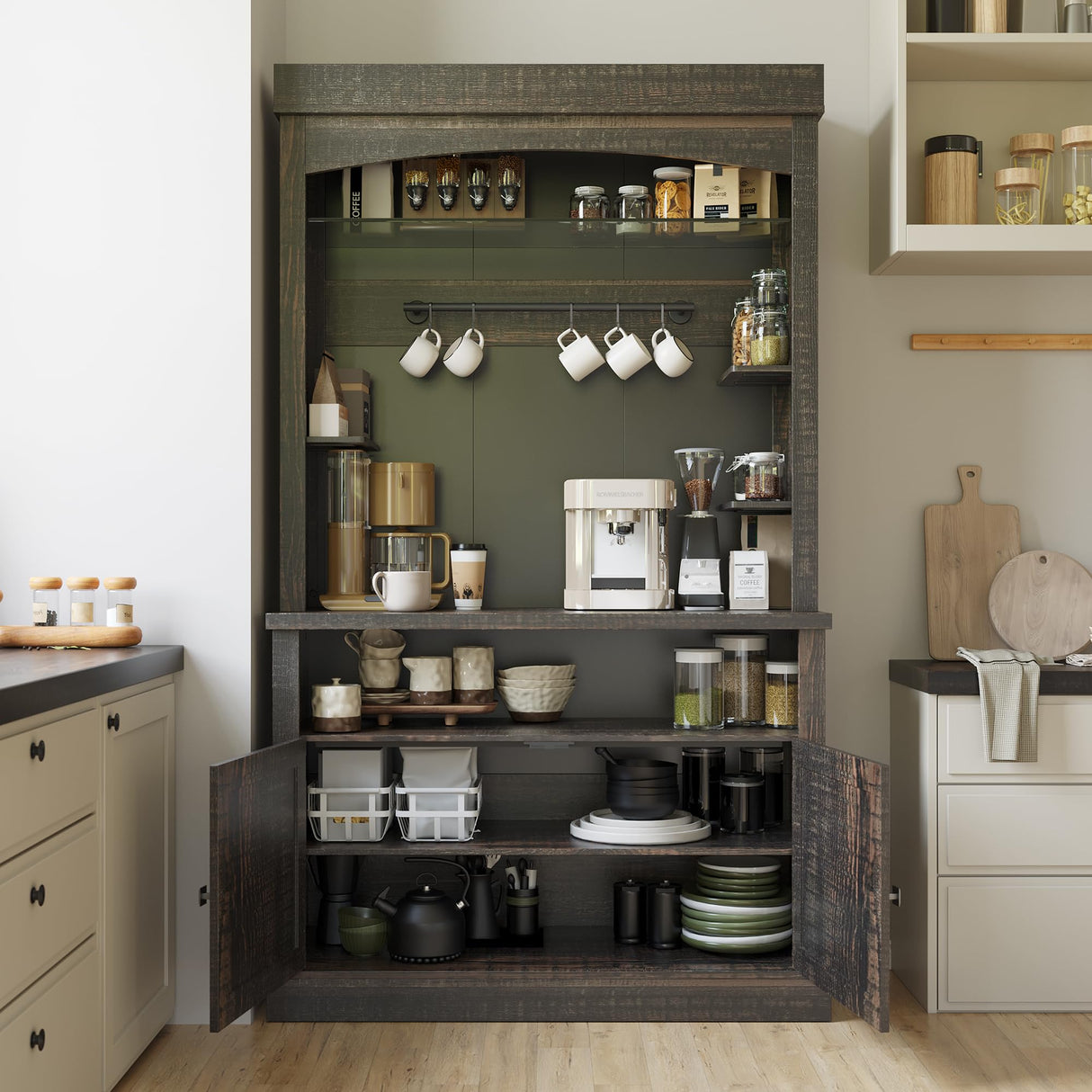 Garvee 72 in Pantry Cabinet, Farmhouse Coffee Bar Station with 3 Color LED Light and 5 S-Hook, Kitchen Hutch with Storage Rack, Rustic Cupboard for Living Room Dining Room Garvee