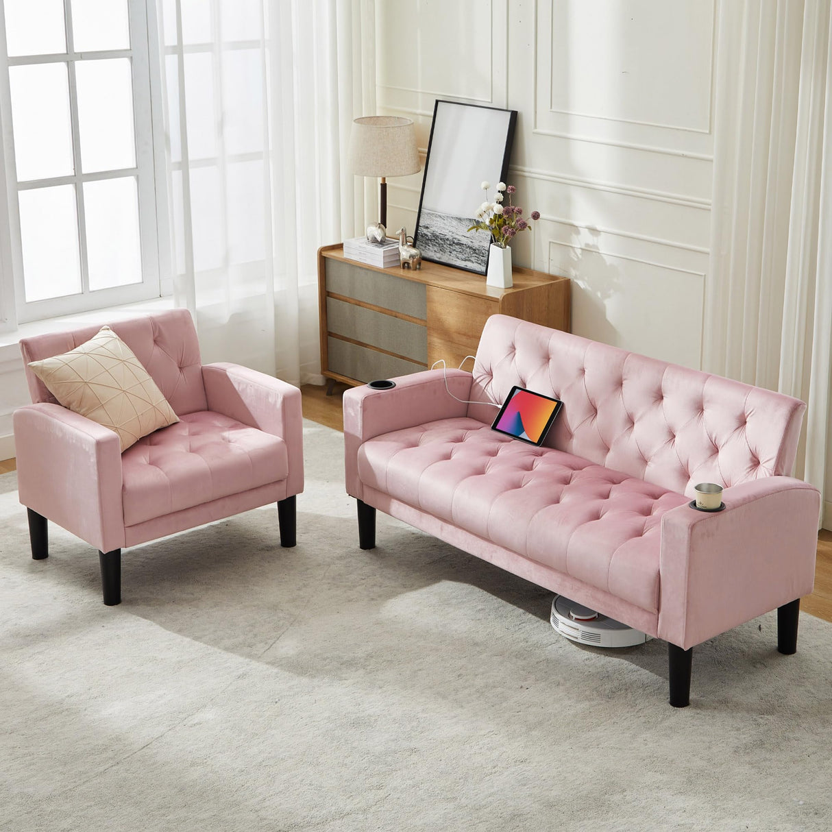 TYBOATLE Mid-Century Modern Sectional Sofa Sets 2 Pieces, Tufted Linen Fabric USB Loveseat Couch w/ 2 Cupholders and Accent Arm Chairs for Living Room, Bedroom, Apartment (Pink) TYBOATLE