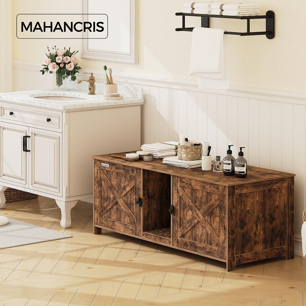 MAHANCRIS Cat Litter Box Enclosure for 2 Cats, 47.2" Hidden Cat Litter Box Furniture with Double Room, Wooden Cat Washroom with Scratching Board, Indoor Cat House End Table, Rustic Brown CWHR1201 MAHANCRIS