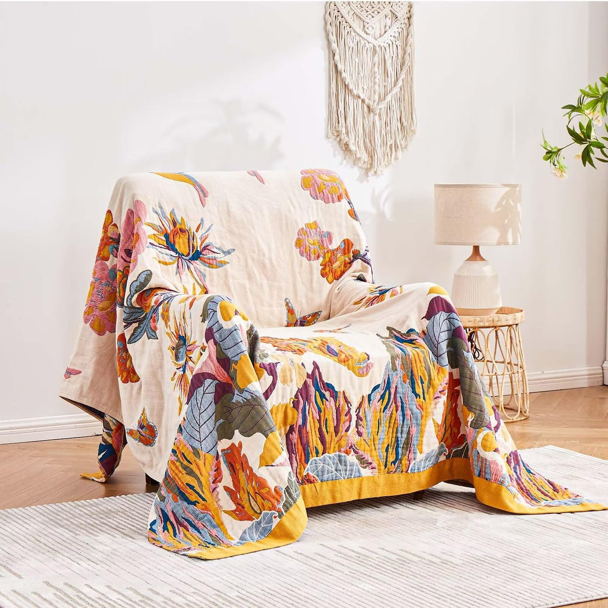 XIBLC Boho Throw Blanket, 100% Cotton Ultra Soft Luxury Throw Rustic Quilt, 60"x80" Floral Bird Butterfly Farmhouse Decor Bed Blankets, All Season Rustic Reversible Bohemian Throw for Bed - Yellow XIBLC