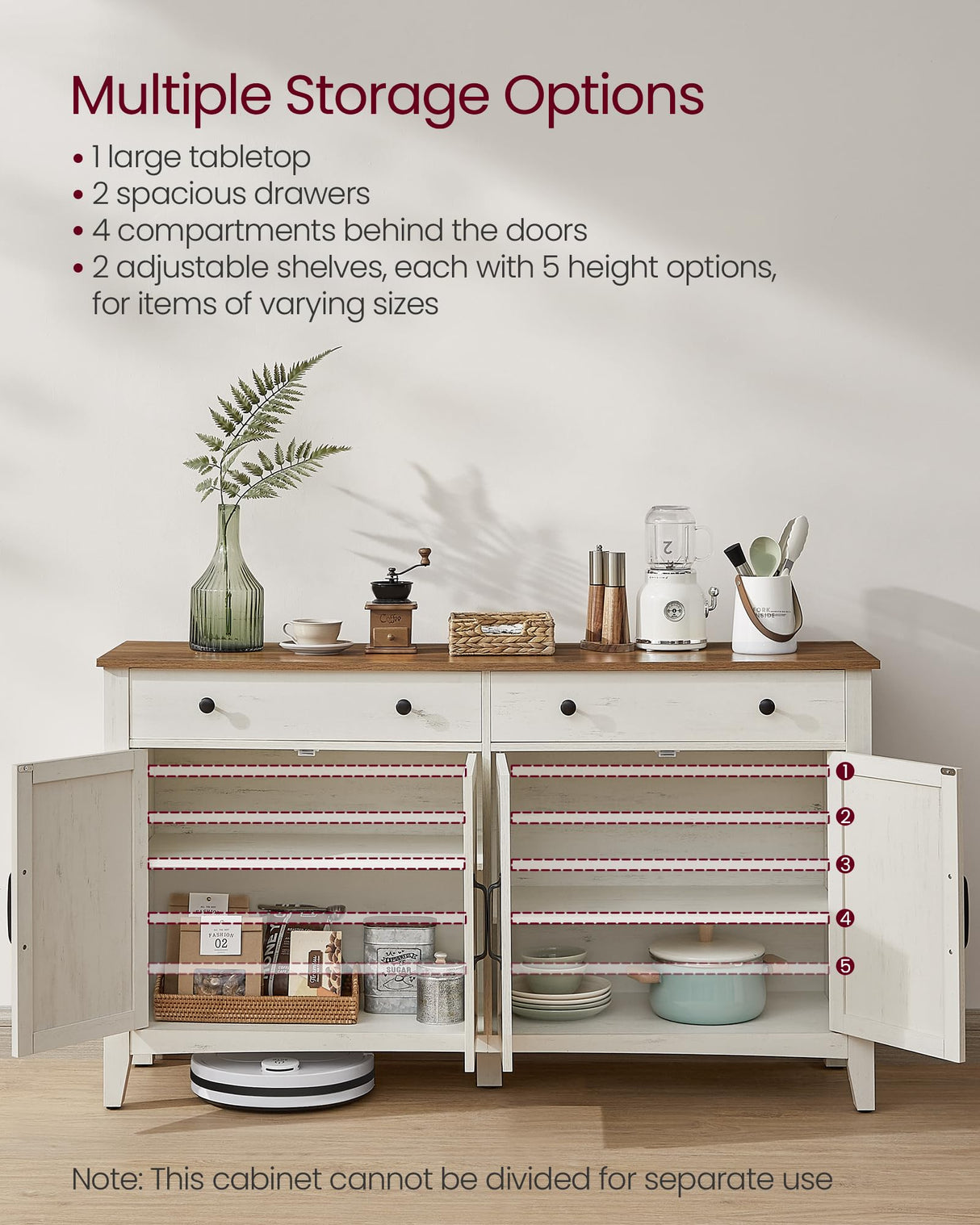 VASAGLE Coffee Bar Cabinet, Kitchen Storage Cabinet with 2 Drawers, Farmhouse Cabinet Sideboard with Adjustable Shelves for Kitchen, Rustic White and Honey Brown UBBK381W01 VASAGLE