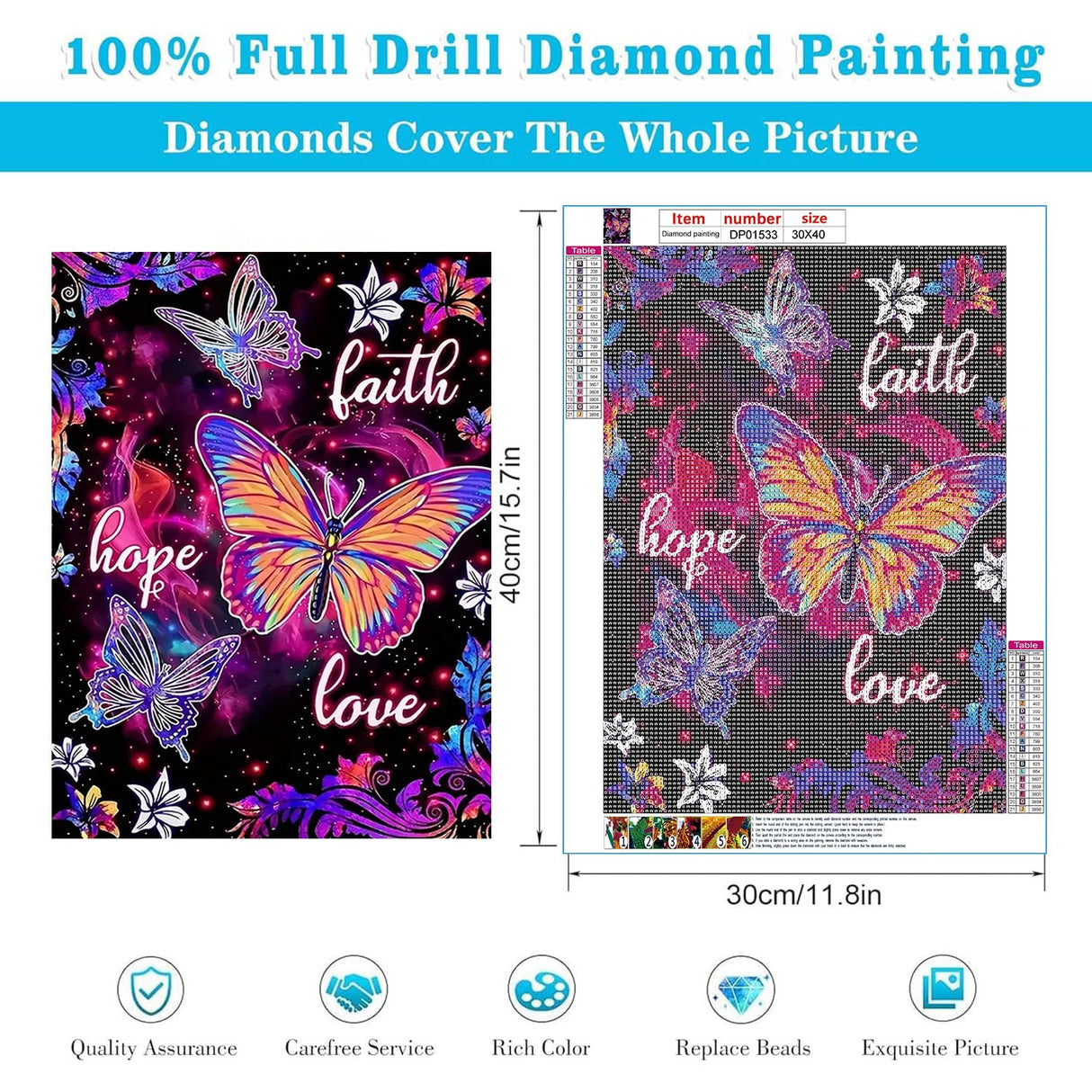 ARPADAMO Diamond Art Kits for Adults,5D Hope, Faith, Love Diamond Painting DIY Butterfly Diamond Art Diamond Painting Kits for Adult,Round Full Drill Diamond, Diamond Art Kits for Home Decor-12x12inch ARPADAMO