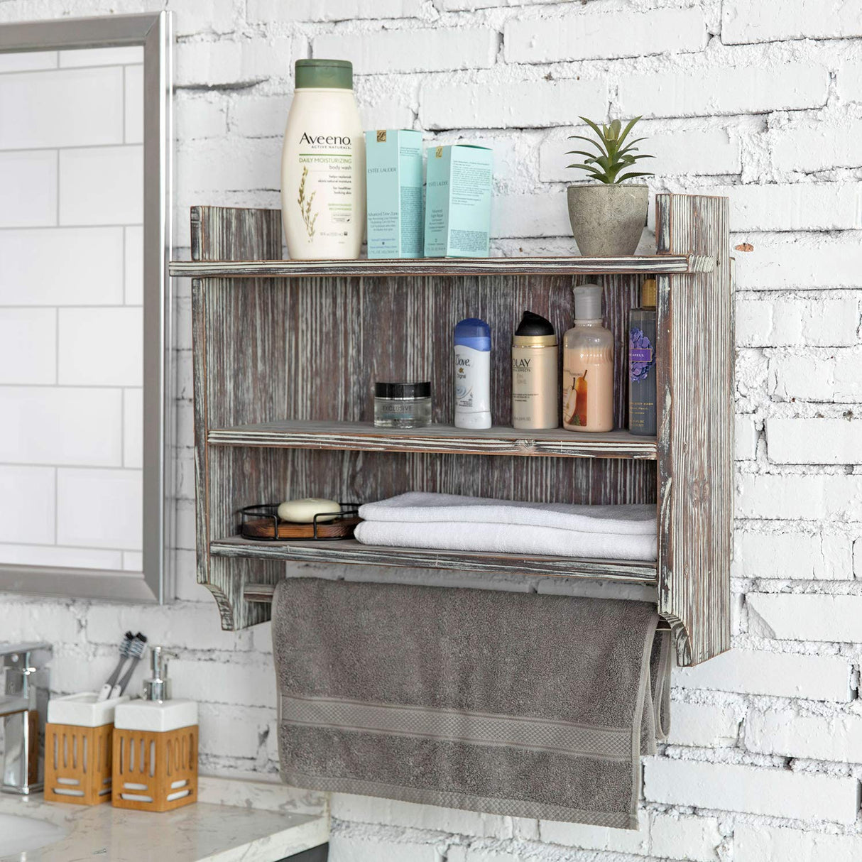 MyGift 3 Tier Wall Mounted Rustic Torched Wood Bathroom Storage Shelves, Wooden Floating Shelf Toilet Paper Holder Rack with 23 Inch Wide Towel Hanging Bar MyGift