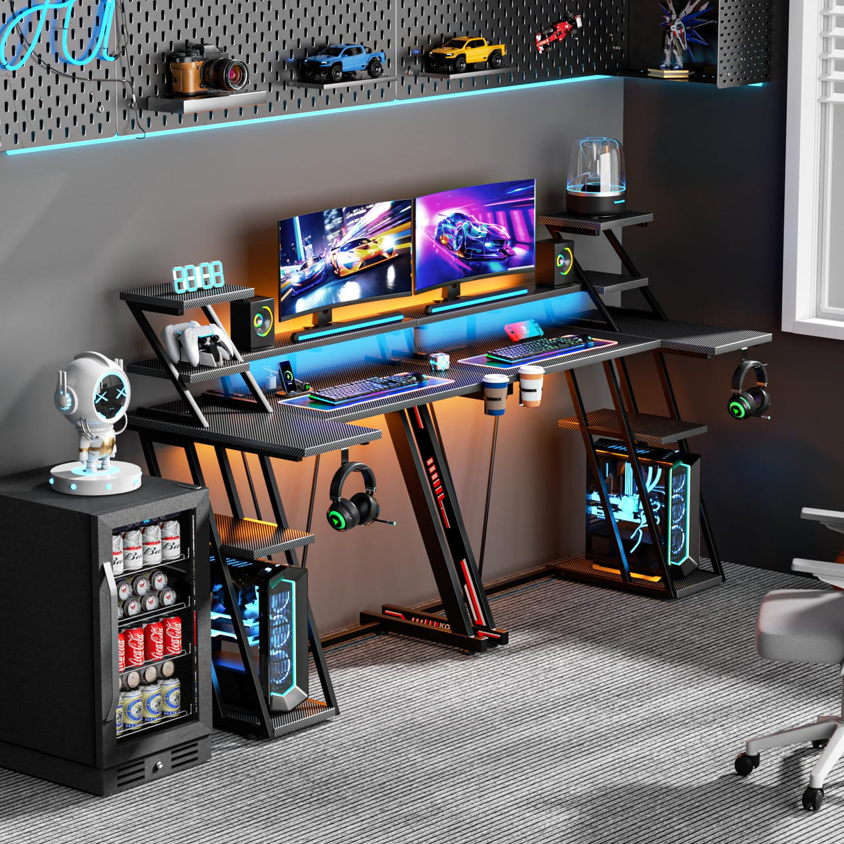 Korfile L Shaped Gaming Desk with LED Lights & Power Outlet, 39 Inch Computer Desk with Extra Storage Shelves, Reversible Gamer Workstations with Monitor Stand for Bedroom, Carbon Fiber Black Korfile