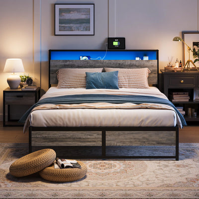 LINSY Queen Bed Frame with Ergonomic Headboard, Platform Metal Bed Frame with RGB Lights, Outlets & Charger, 45 Minutes Fast Assembly Bed Queen Size with Storage, No Box Spring Needed, Greige