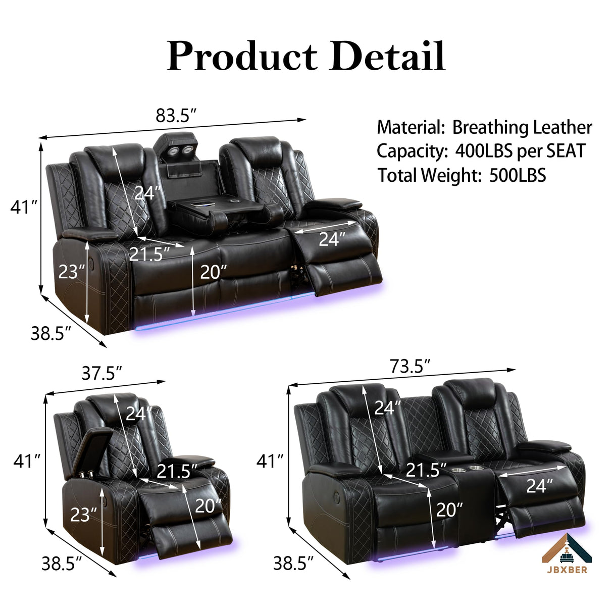 JBXBER Power Recliner Sofa Sets for Living Room, Leather Recliner Sofa Set with LED Light, Console Storage, Cup Holder for Home Theater Seating(Sofa and Loveseat,Black) JBXBER
