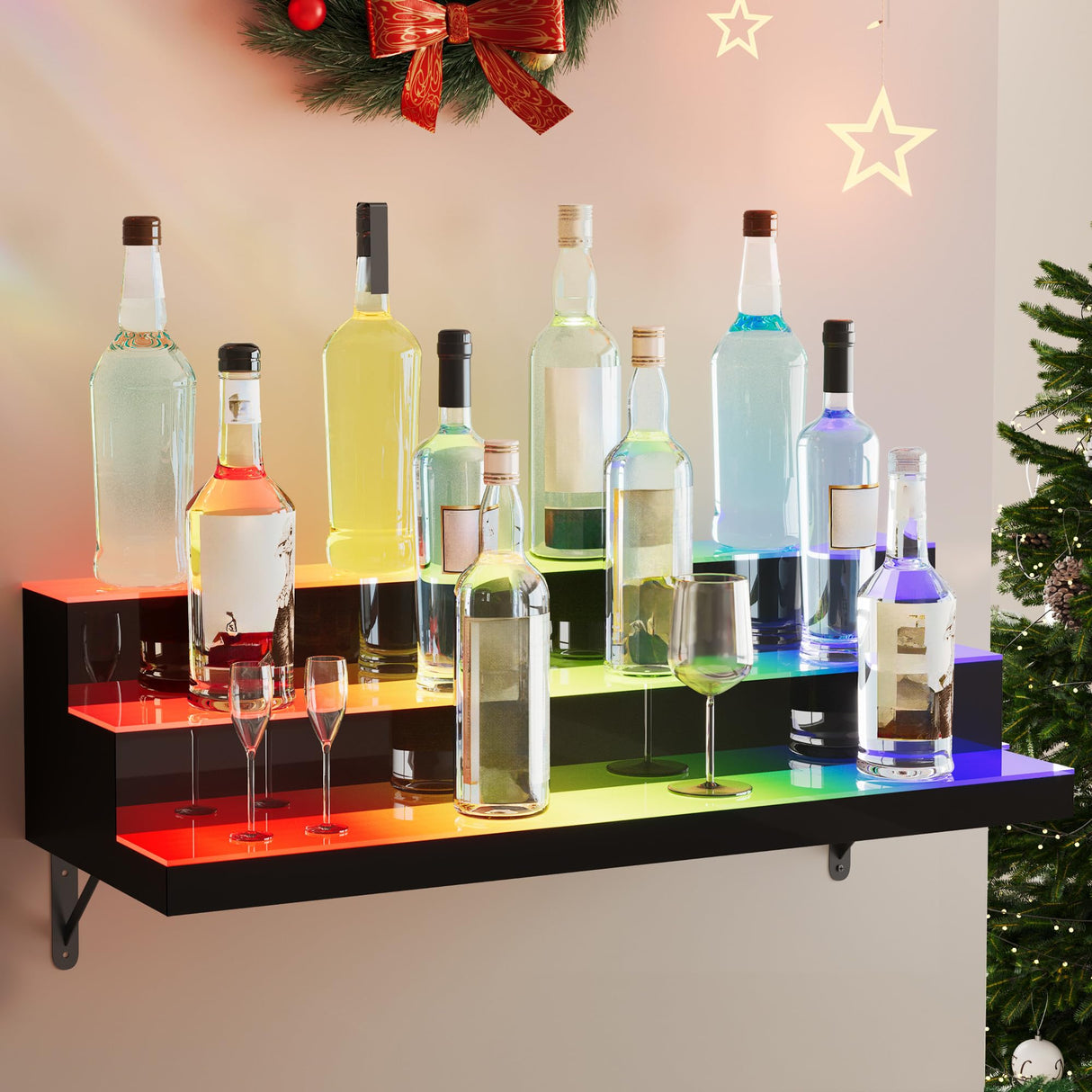 YITAHOME LED Light Liquor Bottle Display Shelf, 3-Step 30-inch Wall Mounted Wine Rack, Acrylic Liquor Shelf with Wine Glass Holder Slots, Remote & App Control for Home Commercial Bar YITAHOME