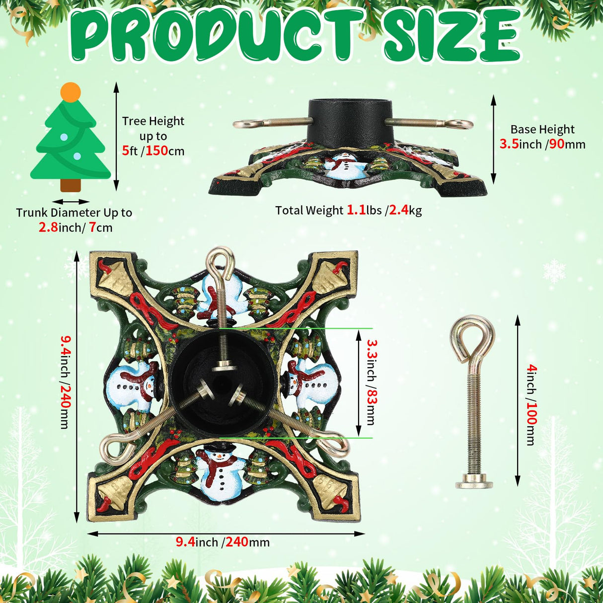 Gisafai Christmas Tree Stand 9.4 x 3.5 Inches/ 240 x 90 mm Green Tree Base Stand with Water Reservoir Snowman Christmas Tree Holder Base for Real Trees Xmas Gisafai