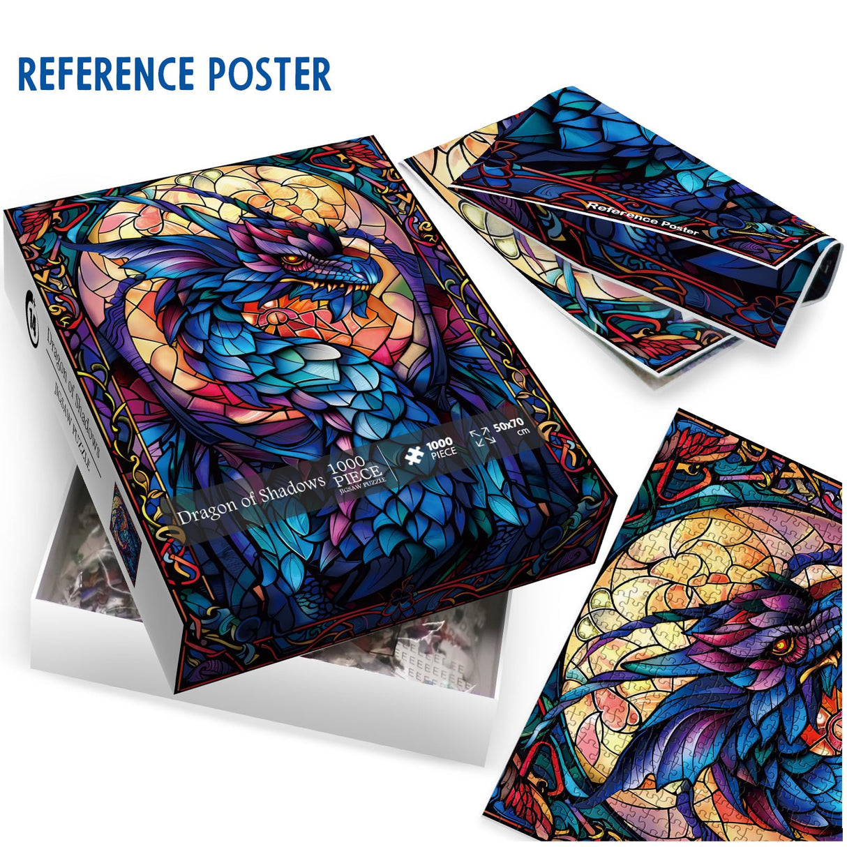 Fantasy Dragon Puzzles for Adults 1000 Pieces, Stained Glass Art Jigsaw Puzzles, Blue Purple Darkness Western Dragon Puzzle IdeaBazar