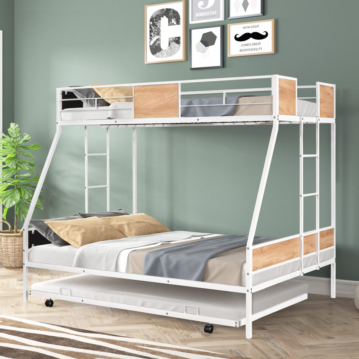 YOPTO Twin Over Full Bunk Bed with Trundle,Heavy-Duty Sturdy Metal,Noise Reduced,Safety Guardrail,Wooden Decoration,Convenient-Trundle,Bunk-Bed for Three,CPC Certified,No Box Spring Needed,White YOPTO