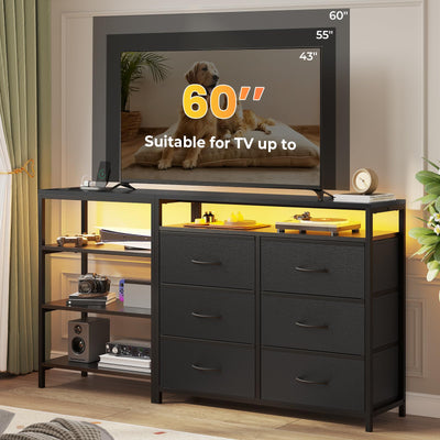 HAUOMS TV Stand for 60 Inch TV,Entertainment Center with Power Outlets and LED Lights,L Shaped Convertible Dresser with Open Shelf, 6 Drawers with PU Finish, for Living Room,Black