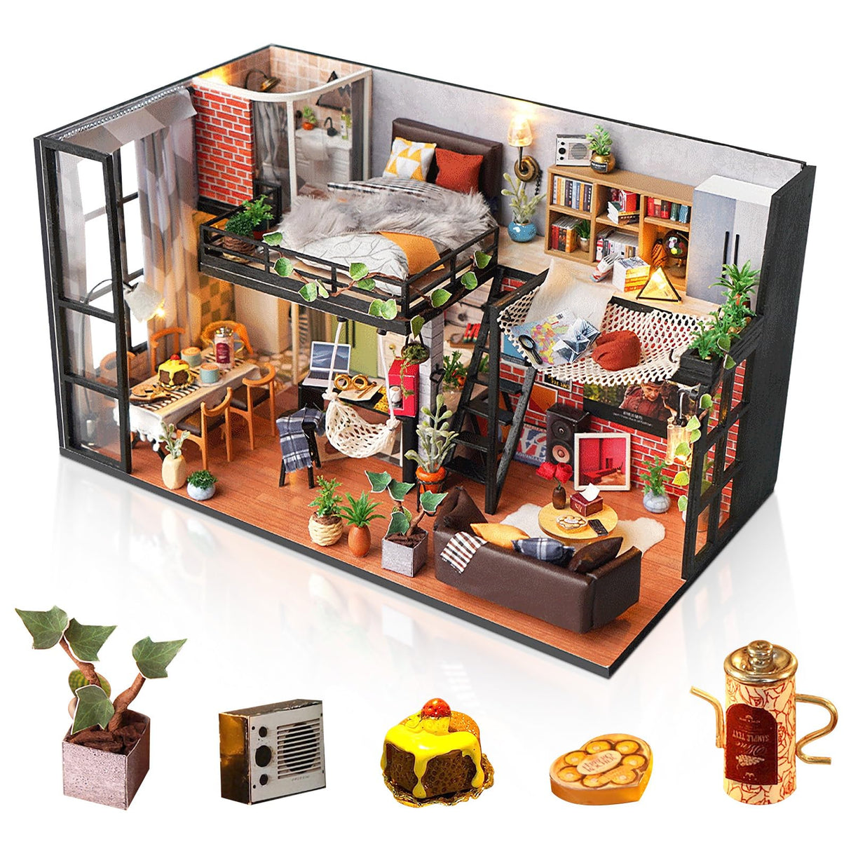 Foyucool DIY Miniature House Kit, Dollhouse Kit with Light, Mini House Building Kit for for Adult to Building, Christmas/Home Decorations/Gifts for Family and Friends, Loft Foyucool