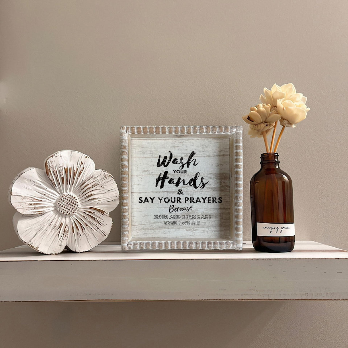 Boho Farmhouse Wooden Framed Bathroom Decor Signs, Funny Restroom Decorative Plaque Small Cute, Toilet Rules Shelf Decoration (Wash Your Hands) ZLFart