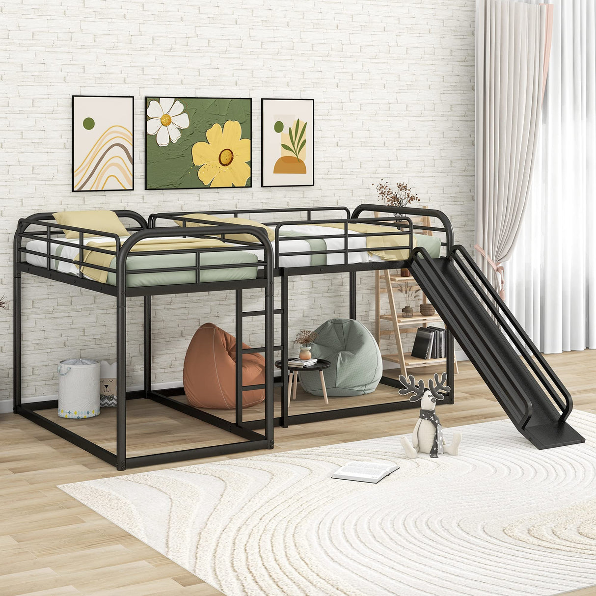 EMKK L-Shaped Bunk Bed for 4 with Slide, Floor Wooden Quad Bedframe, Full and Twin Size Bunk Bed for Kids/Teens/Adults Bedroom,Metal Quad Bunk Beds, Metal Loft Bed EMKK